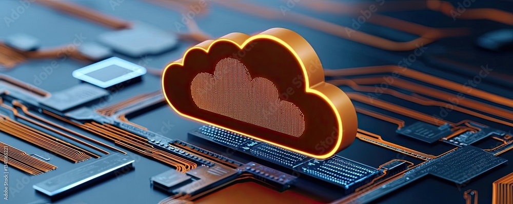 Poster Cloud technology in public and private server storage concept. Conceptual illustration of cloud computing on circuit board in modern technology.