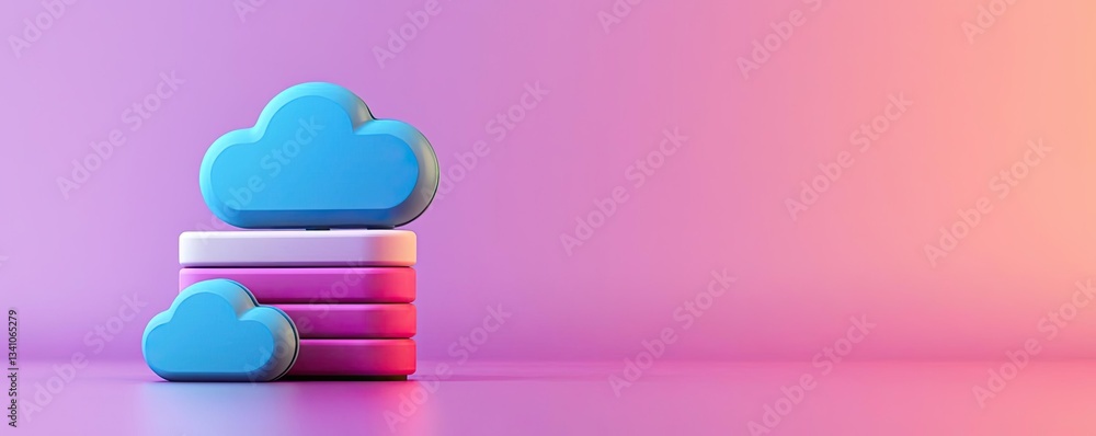 Poster cloud technology database and server backup storage concept. colorful cloud icons stacked on pink an
