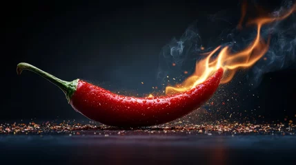 Canvas schilderij Hete pepers Spicy red chili pepper action kitchen food photography dark environment close-up culinary concept  © Chotnarint blue