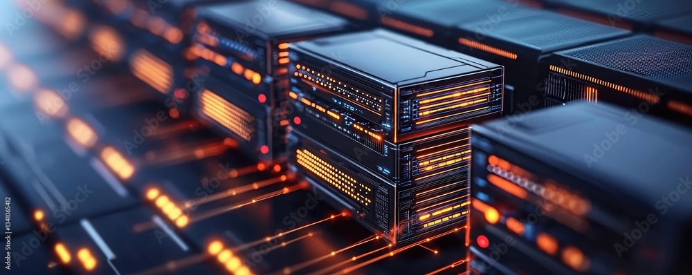 Poster Cloud technology private and public storage server concept. Futuristic server room showcasing advanced data storage and processing technology.