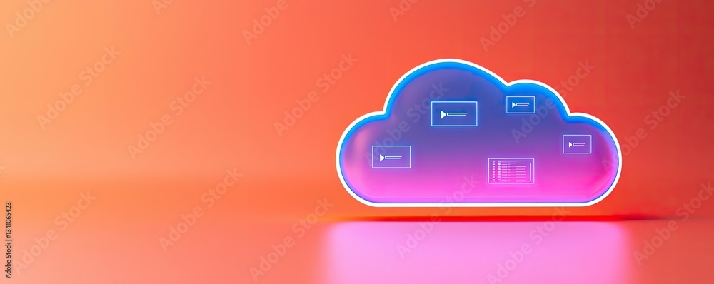 Poster Cloud technology private and public storage server concept. Modern cloud storage icon with vibrant gradient background and futuristic design.