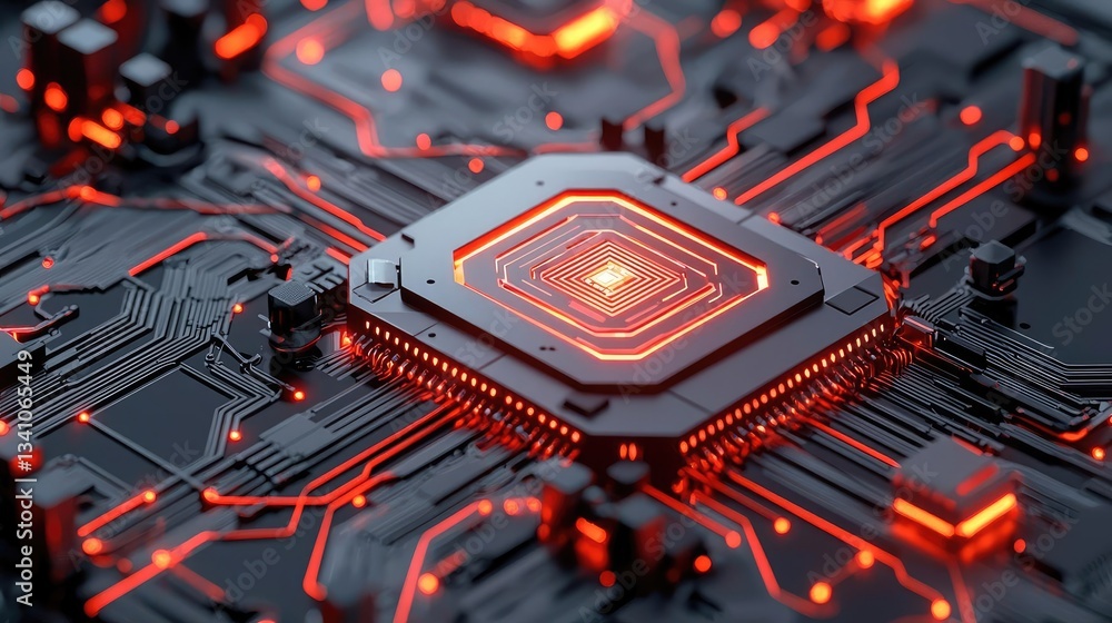 Poster Cloud technology private and public storage server concept. Futuristic circuit board with glowing red patterns and intricate details.