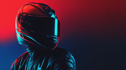 A man wearing a helmet with a red and blue background