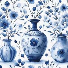 Seamless Blue and White Porcelain Pattern Floral Design Hand-Painted Watercolor Vases Cups Geometric Decorations