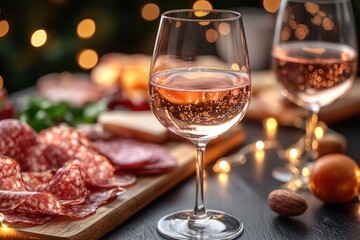 Rose Wine Glass and Charcuterie Board for Dinner Party in Cozy Atmosphere