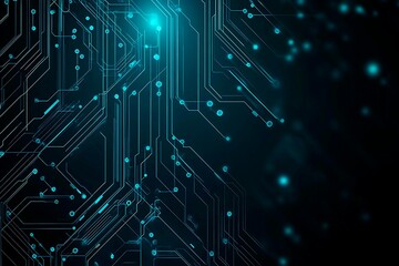Abstract close-up of a glowing blue digital circuit board, showcasing intricate connections and technological design on a black background.
