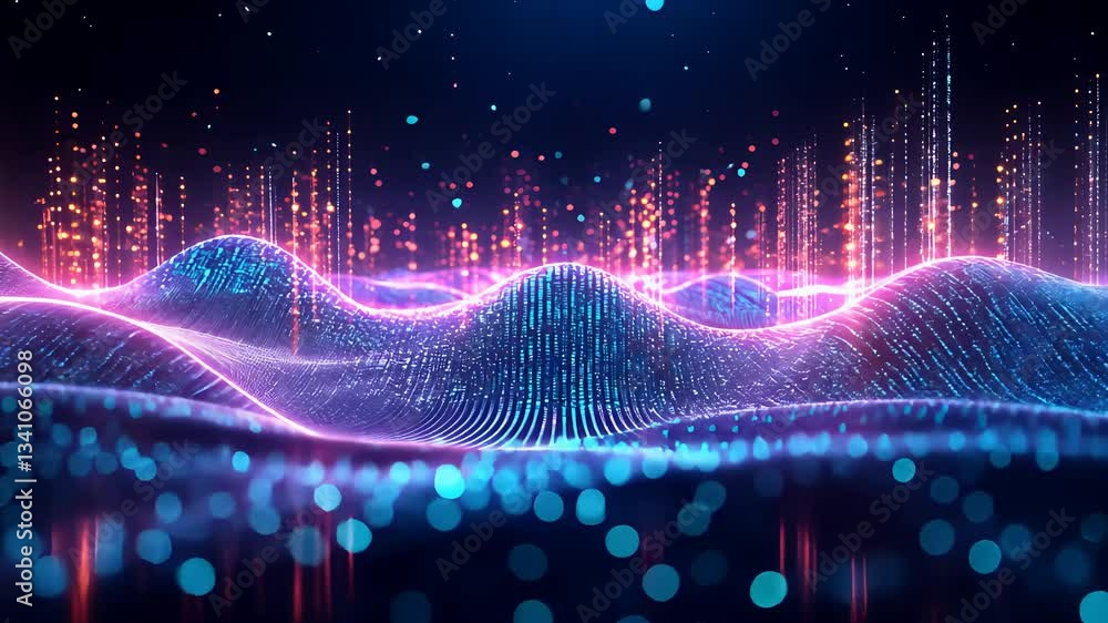 Poster abstract digital waves with glowing neon lights and vibrant data streams in a futuristic setting.
