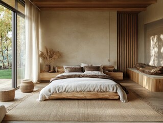 The bedroom has a minimalistic design with soft natural light