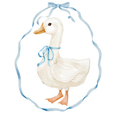 Cute little goose wiht bow in watercolor