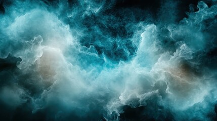 A vibrant display of aqua smoke fills the frame, blending with mystical patterns and forms that create an engaging visual experience of serenity and artistry.