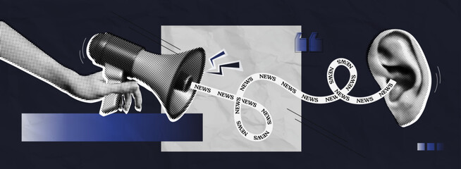 Trendy Halftone Collage Social media news. Hand holding Megaphone and listening ear. Propaganda and fake news. False information spreading. Pop art composition. Contemporary vector illustration art