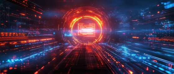 Futuristic tunnel with glowing lights and digital effects