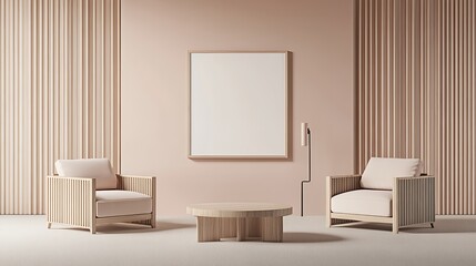 Modern Minimalist Living Room Interior Design with Wooden Armchairs and Blank Canvas