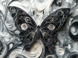 Black and White Quilled Paper Butterfly on Grey Marbled Background with Gray Swirls