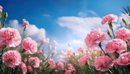 Obraz premium pink carnation flowers in the garden against blue sky with clouds.
