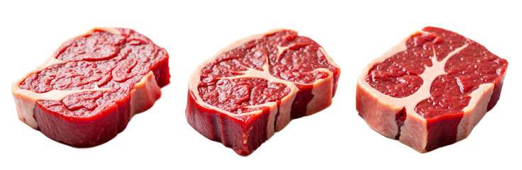 Obraz premium Fresh raw beef steak cuts isolated on transparent background. Appetizing red meat for grilling, BBQ, cooking, restaurant menus, butcher shops, food blogs, recipes.