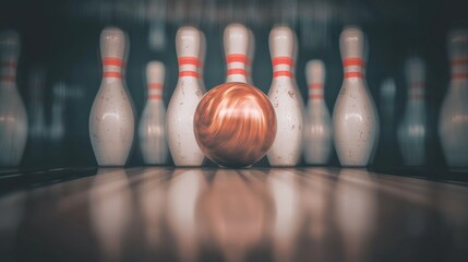 Bowling pins and a red ball on a wooden bowling alley ready for a strike or spare during a game or tournament  Reflection of the pins and ball on the shiny wooden surface