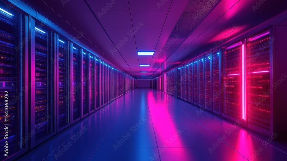 Poster glowing data center featuring rows of supercomputers in futuristic design