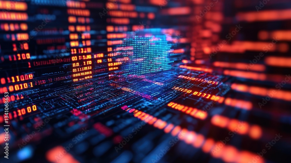 Poster Cybersecurity database computing and data protection concept. Abstract digital data and binary code flowing in a network.