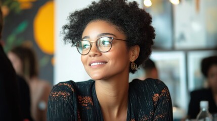 Portrait of a Young, Confident Black Woman with Glasses in a Cafe