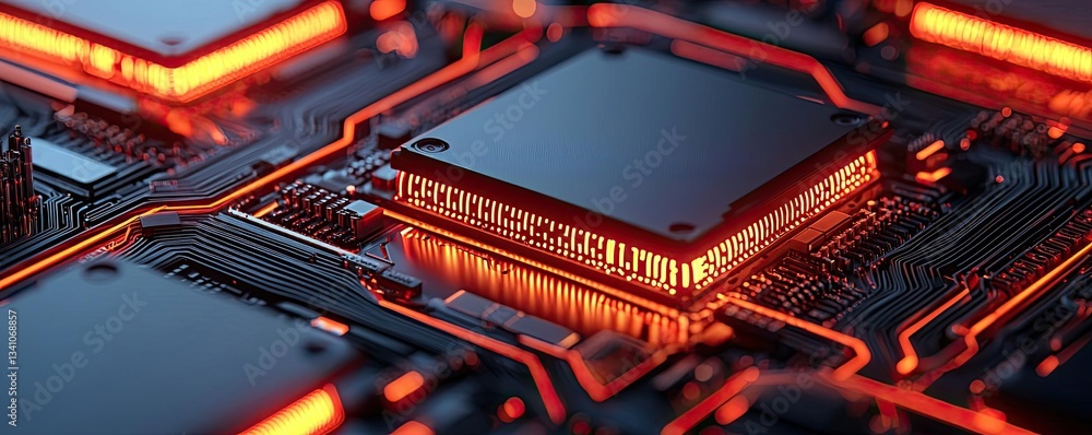 Aufkleber Cybersecurity data protection in database computing concept. Close-up view of a glowing microchip on a circuit board.