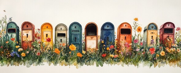 Watercolor Vintage Mailboxes Floral Arrangements Clipart Retro Design Postboxes with Flowers and Leaves