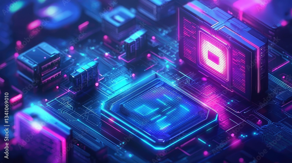 Aufkleber Cybersecurity database computing and data protection concept. Futuristic circuit board with vibrant lighting and intricate details.