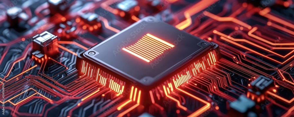 Poster Cybersecurity protection in cyberspace and computing concept. Close-up view of a glowing microprocessor on a circuit board.