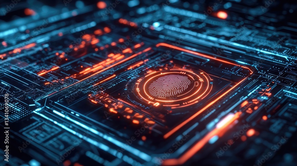 Aufkleber Cybersecurity database computing and data protection concept. Futuristic circuit board with glowing elements and intricate design.
