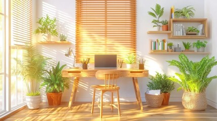 Obraz premium Bright and inviting home office space featuring a wooden desk shelving unit and an abundance of potted plants creating a peaceful and productive work environment