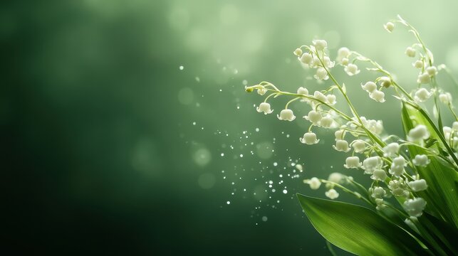 This vibrant image of lily of the valley blossoms against a soft green backdrop captures the essence of spring and renewal, illustrating nature's beauty and vitality in every petal.