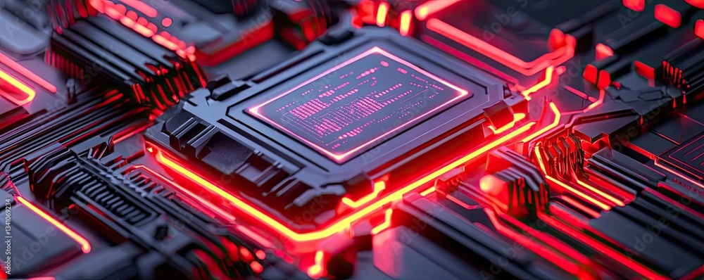Poster Cybersecurity protection in cyberspace and computing concept. Futuristic microchip with glowing circuits and intricate details.