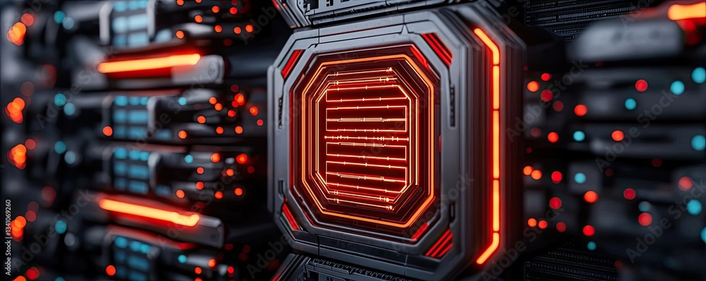 Aufkleber Cybersecurity data protection in database computing concept. Close-up of a glowing circuit board with intricate design elements.