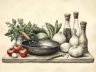 Fresh Vegetables and Herbs Falling into Frying Pan for Healthy Cooking in Home Kitchen