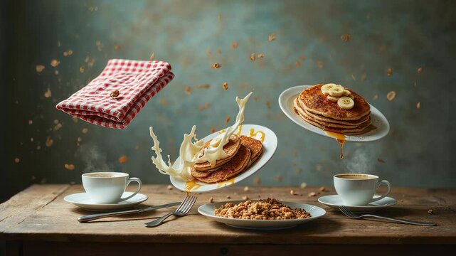 Desayuno con panqueques flotantes, caf&eacute; y granola en un ambiente r&uacute;stico
