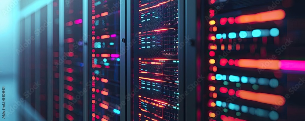 Aufkleber Cybersecurity database computing and data protection concept. High-tech server room with illuminated data storage units.