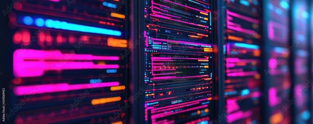 Aufkleber Cybersecurity database computing and data protection concept. Abstract digital server with glowing lights and data streams.