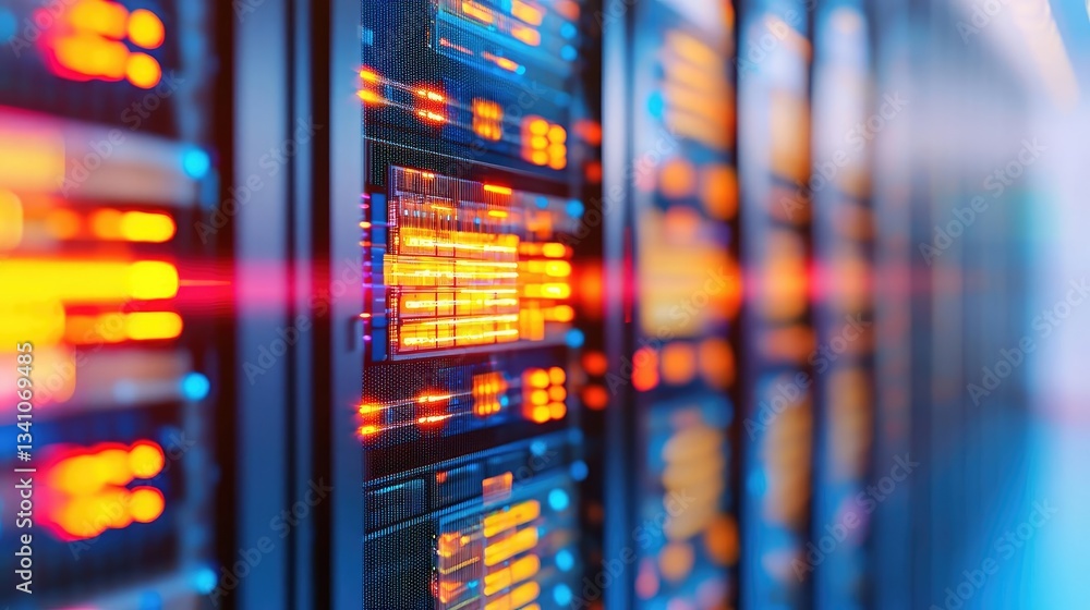 Aufkleber Cybersecurity data protection in database computing concept. Detailed view of server racks glowing with bright lights.
