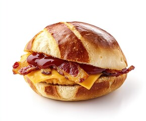 Savory, melt-in-your-mouth sandwich with crispy bacon, melted cheese, and a drizzle of sweet sauce on a soft pretzel bun
