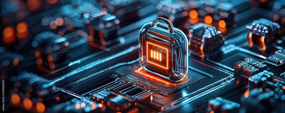 Aufkleber Cybersecurity protection in cyberspace and computing concept. Futuristic digital lock on a circuit board with glowing elements.