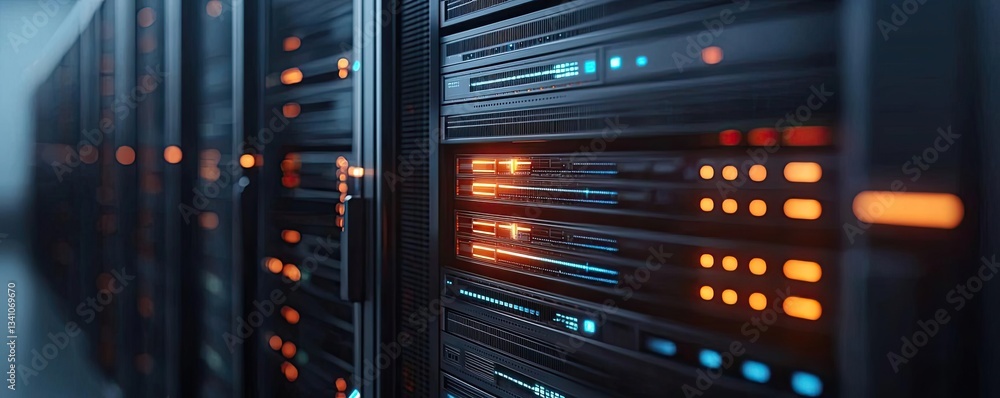 Aufkleber Cybersecurity database computing and data protection concept. Close-up view of modern servers in a data center.