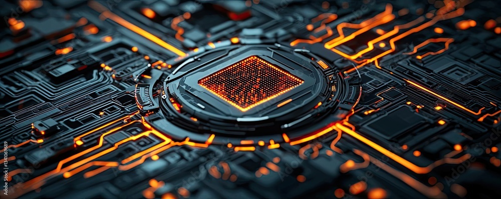 Aufkleber Cybersecurity database computing and data protection concept. Close-up of a circuit board with glowing orange elements.