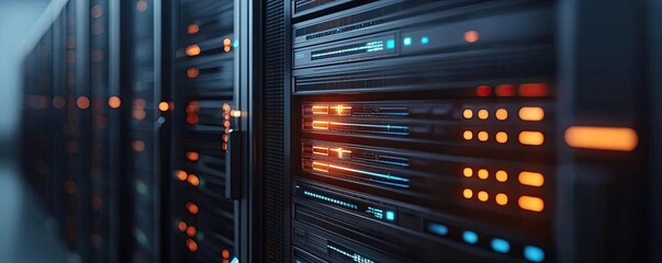 Naklejka premium Cybersecurity database computing and data protection concept. Close-up view of modern servers in a data center.