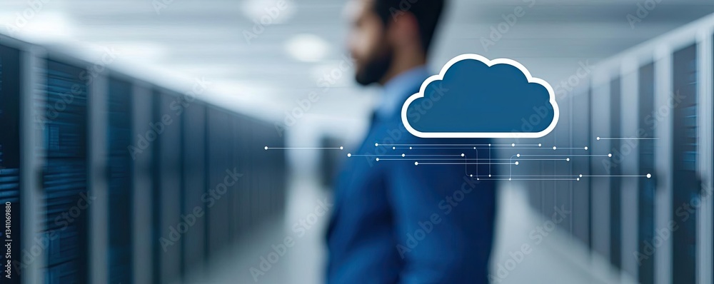 Aufkleber Cloud technology database and server backup storage concept. Professional businessman standing with cloud computing servers in the background.