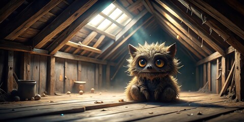 A whimsical creature with large eyes sits patiently in a dusty attic, bathed in sunlight streaming through a small window.