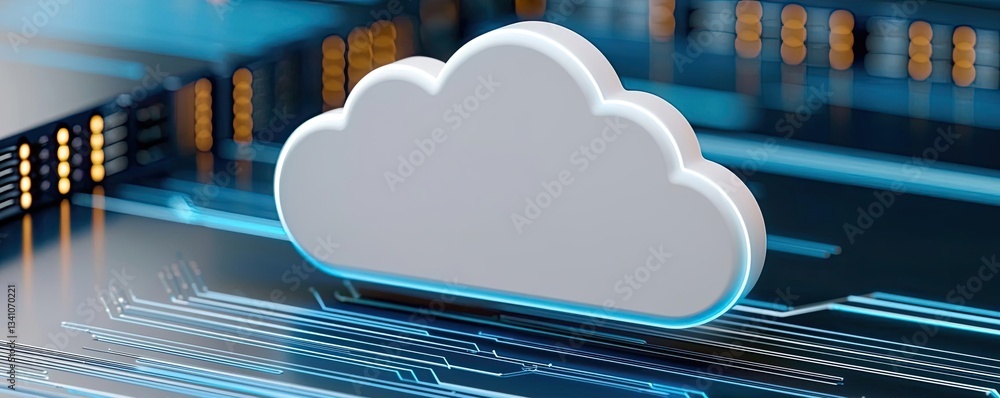 Poster Cloud technology in public and private server storage concept. Stylized cloud icon representing digital data storage and connectivity.