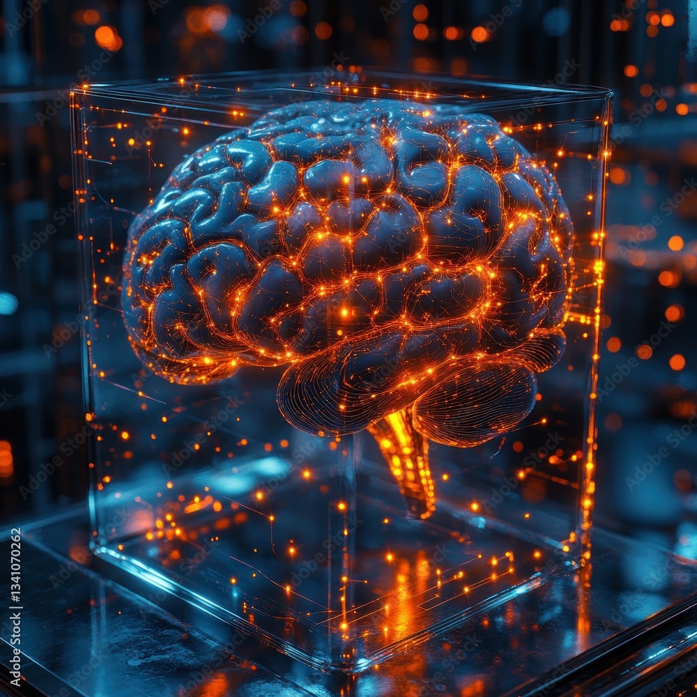 Aufkleber futuristic brain in glass cube with neural circuits and glowing lights concept for artificial intell