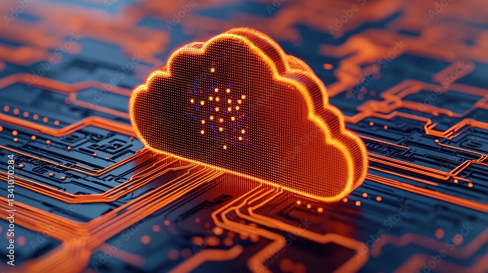 Poster Cloud technology database and server backup storage concept. A vibrant cloud symbol over a circuit board background representing digital connectivity.