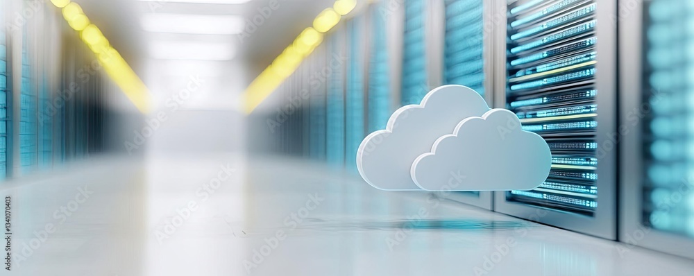 Poster Cloud technology database and server backup storage concept. Cloud computing concept in a modern server room showcasing advanced data storage.