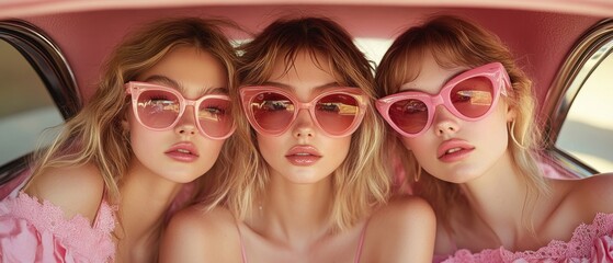 Three Women in Pink Outfits and Sunglasses in a Retro Car